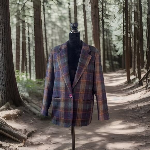 Plaid Blazer Women Size 14p 100% Wool Gold Navy Purple Prep School Old Money - Picture 1 of 12